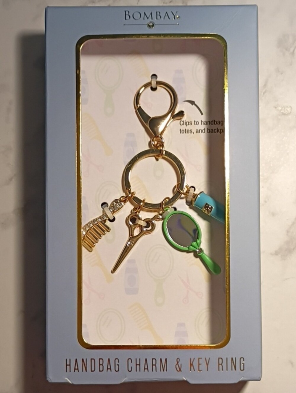 Bombay Gold Key Ring with Green Mirror and Turquoise Bottle Charms